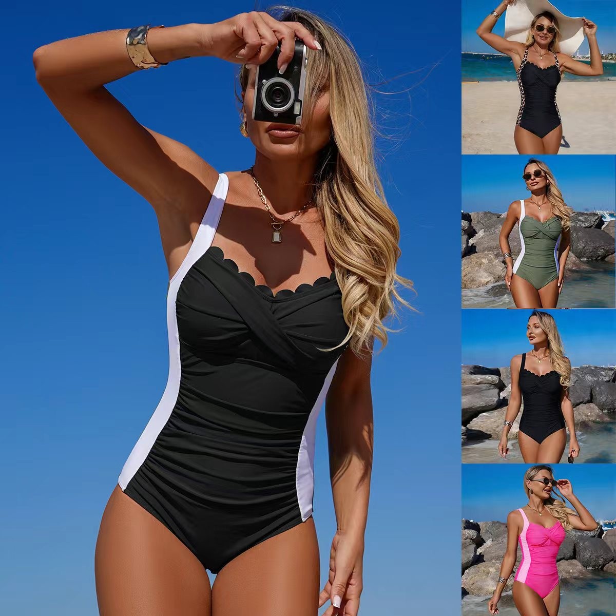 Swimsuit One Piece - 블랙 스캘럽 네크라인 트위스트 프론트 올리브