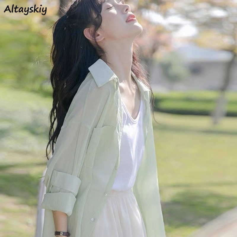 Summer Clothing Young Women - 여성용 캔디 컬러 셔츠 솔리드 긴팔
