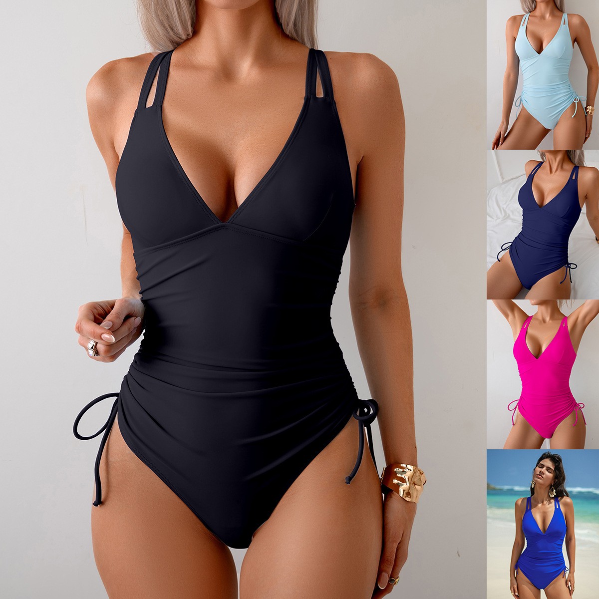 Swimsuit One Piece - 솔리드 블랙 수영복 V넥 러치드 웨이스트
