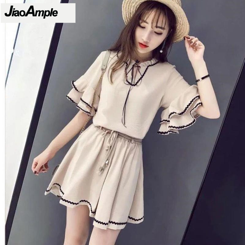 세트 여성용 빈티지 반바지, 연꽃 잎 소매, 쉬폰 블라 - Summer Clothing Model 리뷰 및 가격