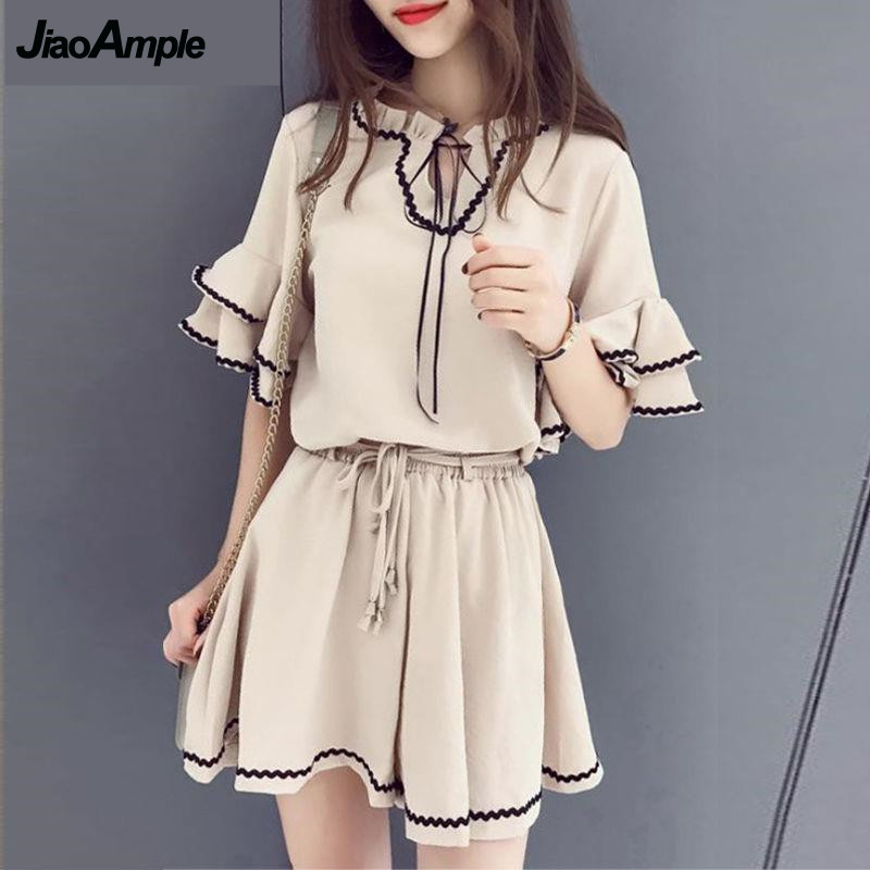 세트 여성용 빈티지 반바지, 연꽃 잎 소매, 쉬폰 블라 - Summer Clothing Model 리뷰 및 가격