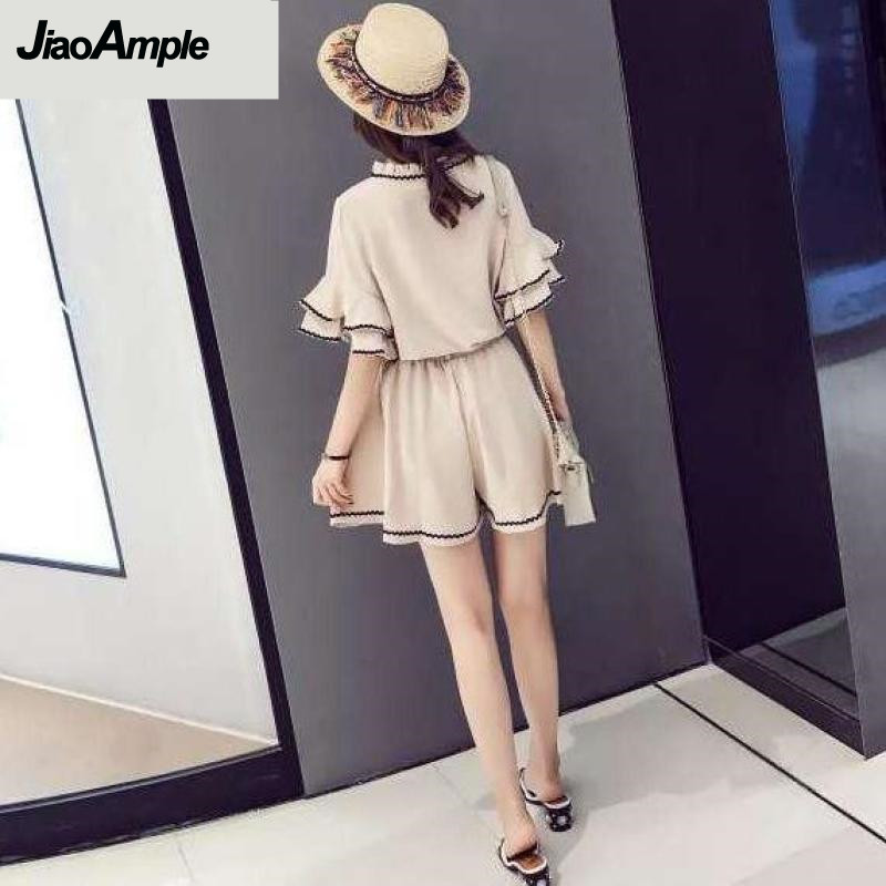 세트 여성용 빈티지 반바지, 연꽃 잎 소매, 쉬폰 블라 - Summer Clothing Model 리뷰 및 가격