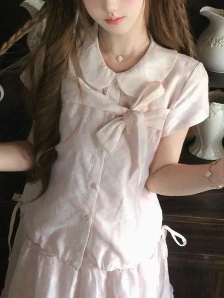 일본 빈티지 스타일 스윗 보우 피터팬 칼라 탑 + 러플 - Summer Clothing Model 리뷰 및 가격